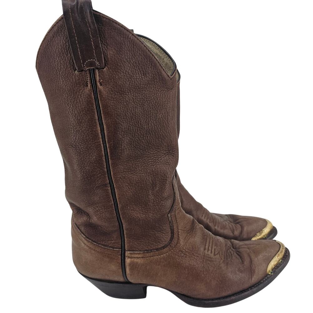 Vintage Brown Leather Cowgirl Western Boho Gold Metal Toe Tip Cap Rand 6